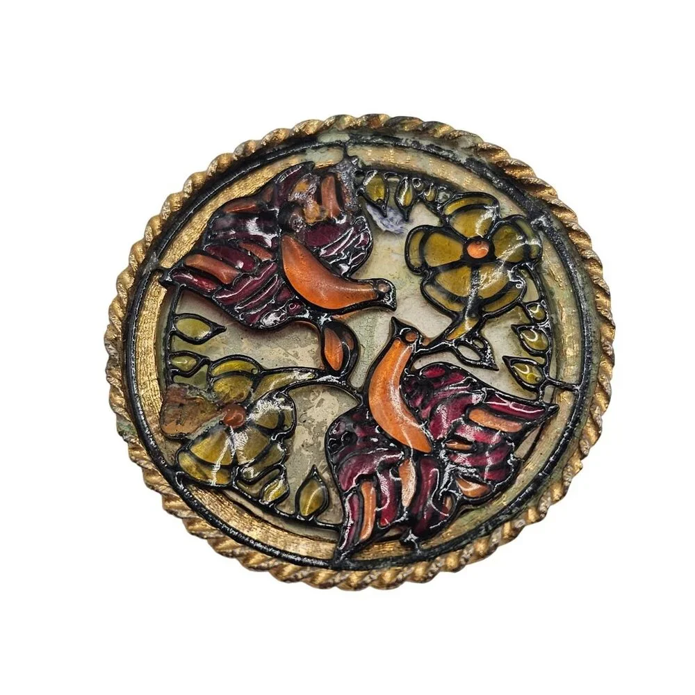 Vtg Cloisonné Style Enamel Bird Brooch Stained Glass Style Art Nouveau Revival - Picture 7 of 9